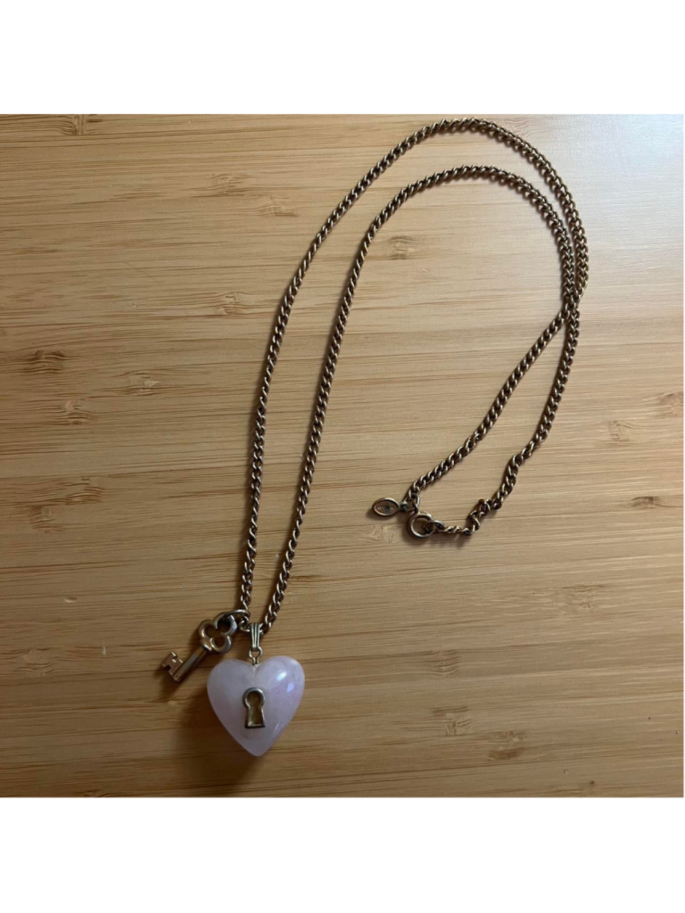 Rare Avon Key To My Heart Goldtone Rose Quartz Necklace Vintage 1976